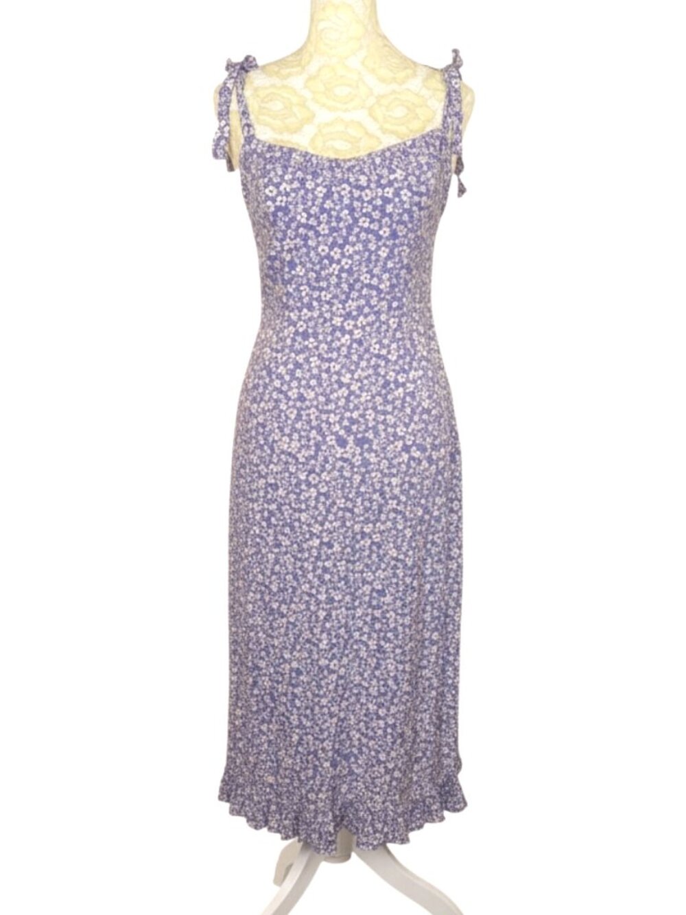 Auguste The Label Dean Gia Midi Dress Smocked Tie Shoulder Blue Floral 6